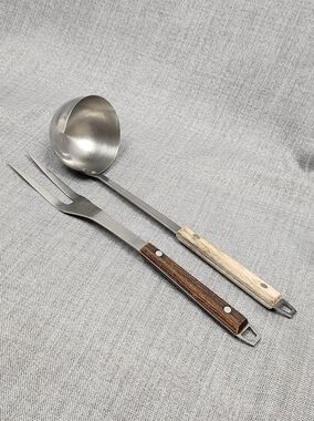 Vintage Two-Piece Wood-Handled Serving Fork and Ladle Set.